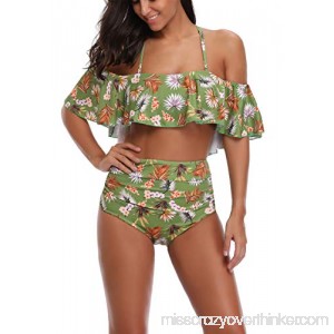 ACHICGIRL ACG High Waist Floral Print Flounce Off Shoulder Two-Piece Bikini Swimsuit Green B07PZX6921